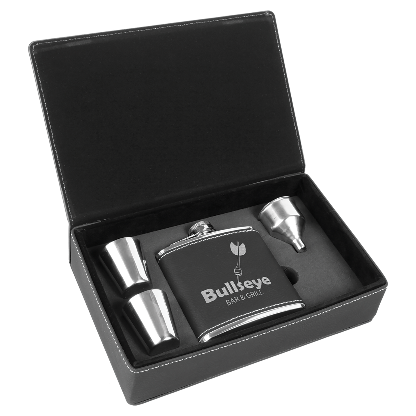 6 oz. Black/Silver Laserable Leatherette Flask Gift Set
