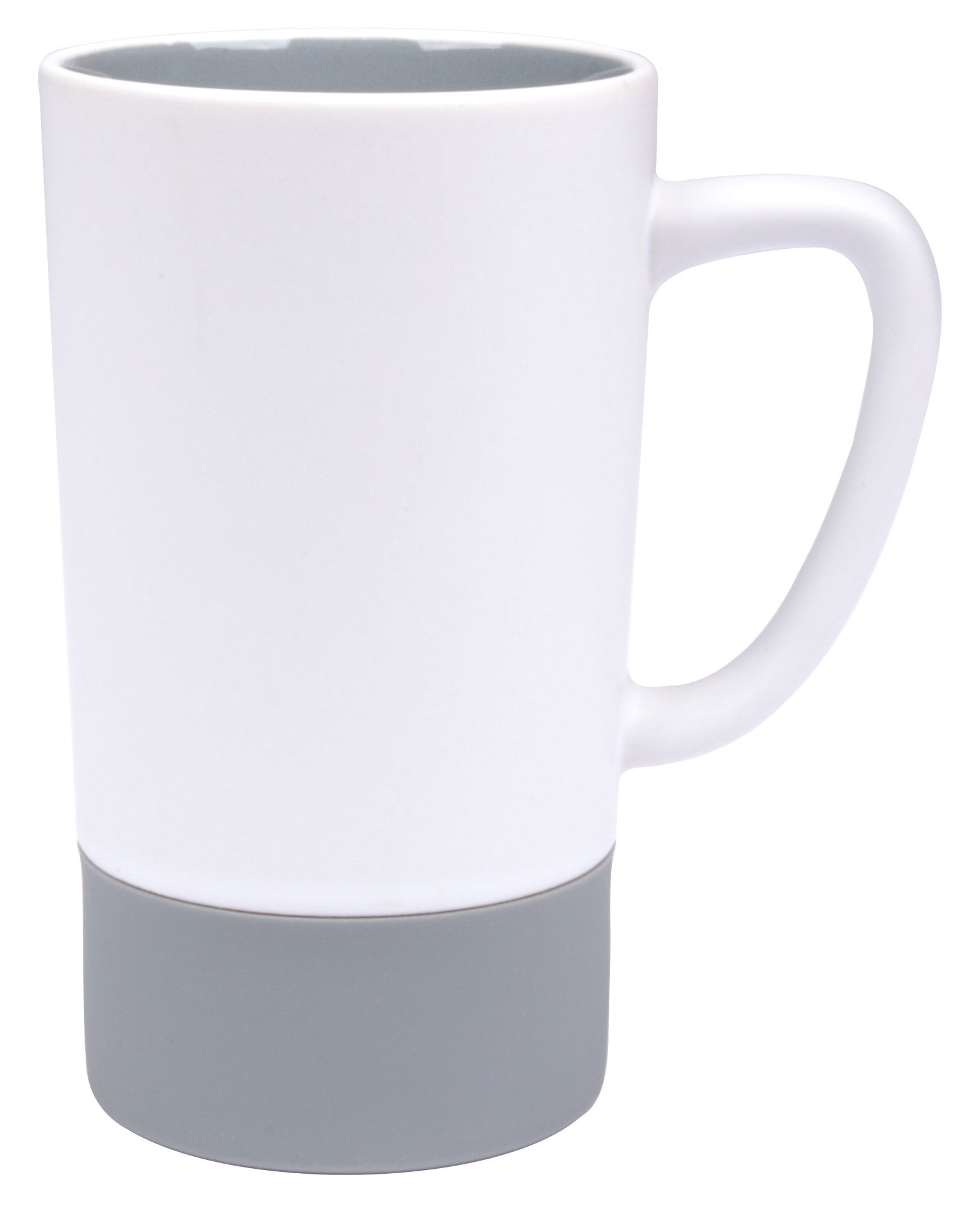 A two-tone 16 oz white ceramic mug with a matte exterior and glossy interior, featuring a silicone sleeve.