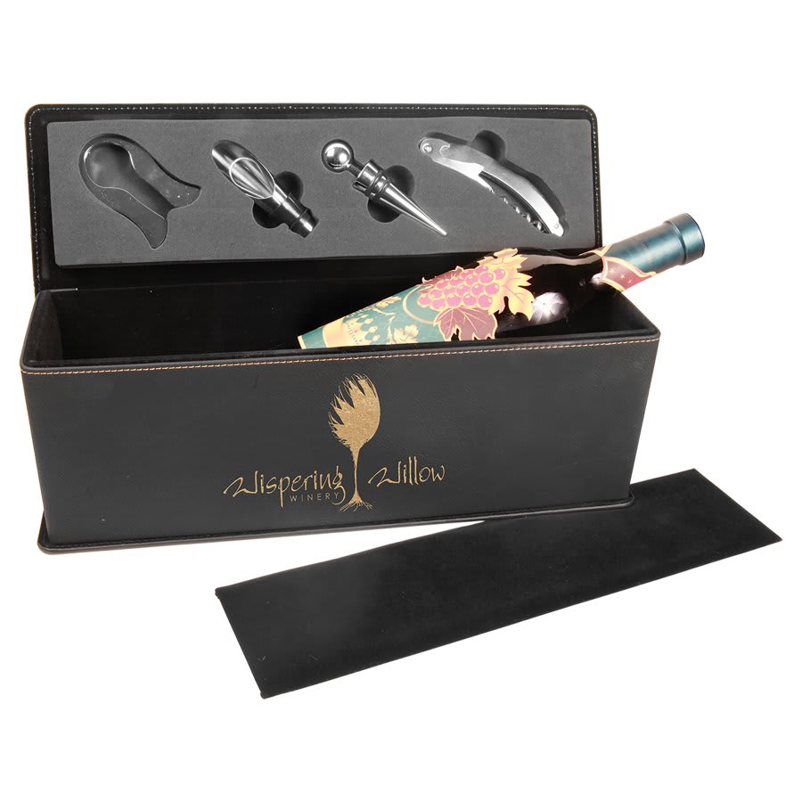 Black/Gold Laserable Leatherette Single Wine Box with Tools - Main product image (SKU: WBX73A)