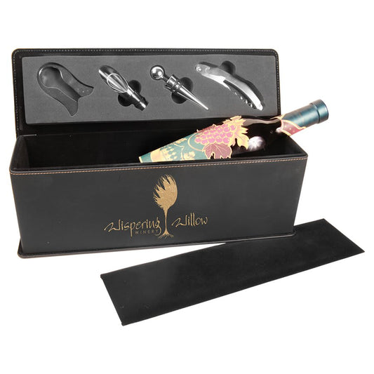 Black/Gold Laserable Leatherette Single Wine Box with Tools - Main product image (SKU: WBX73A)