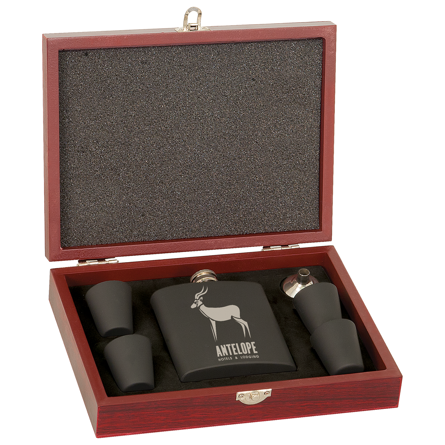 6 oz. Matte Black Stainless Steel Flask Set in Wood Presentation Box