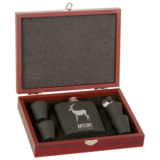 6 oz. Matte Black Stainless Steel Flask Set in Wood Presentation Box