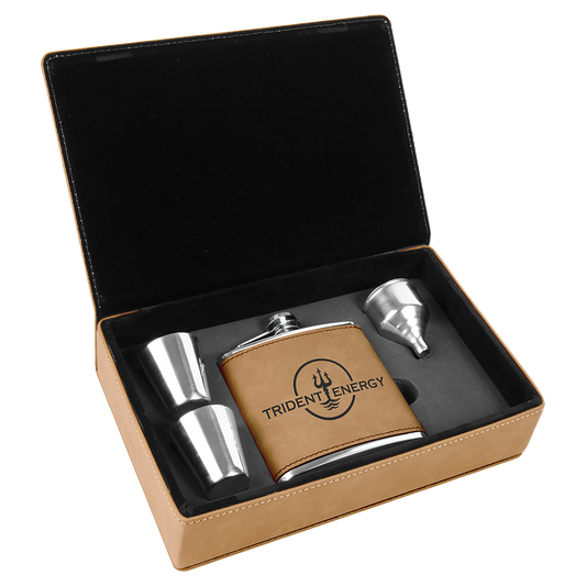 6 oz. Light Brown Laserable Leatherette Flask Gift Set