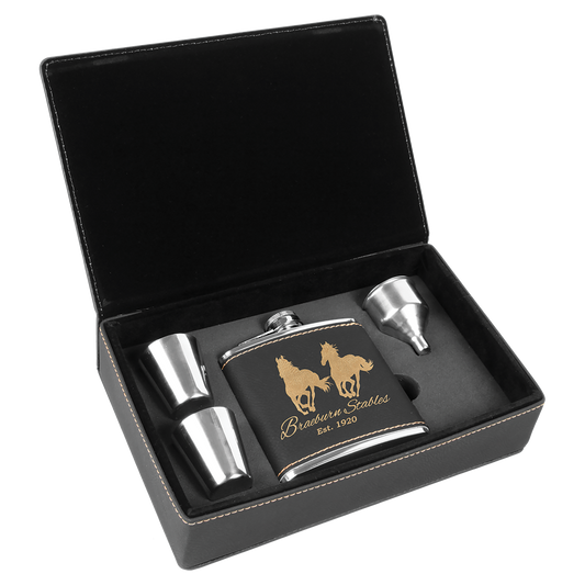 6 oz. Black/Gold Laserable Leatherette Flask Gift Set