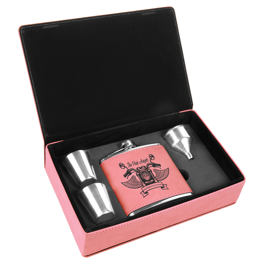 6 oz. Pink Laserable Leatherette Flask Gift Set