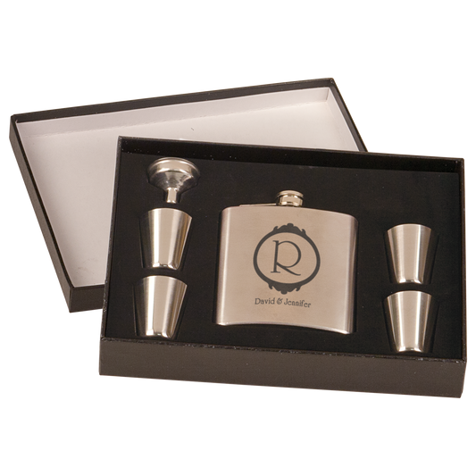 6 oz. Stainless Steel Flask Set in Black Presentation Box