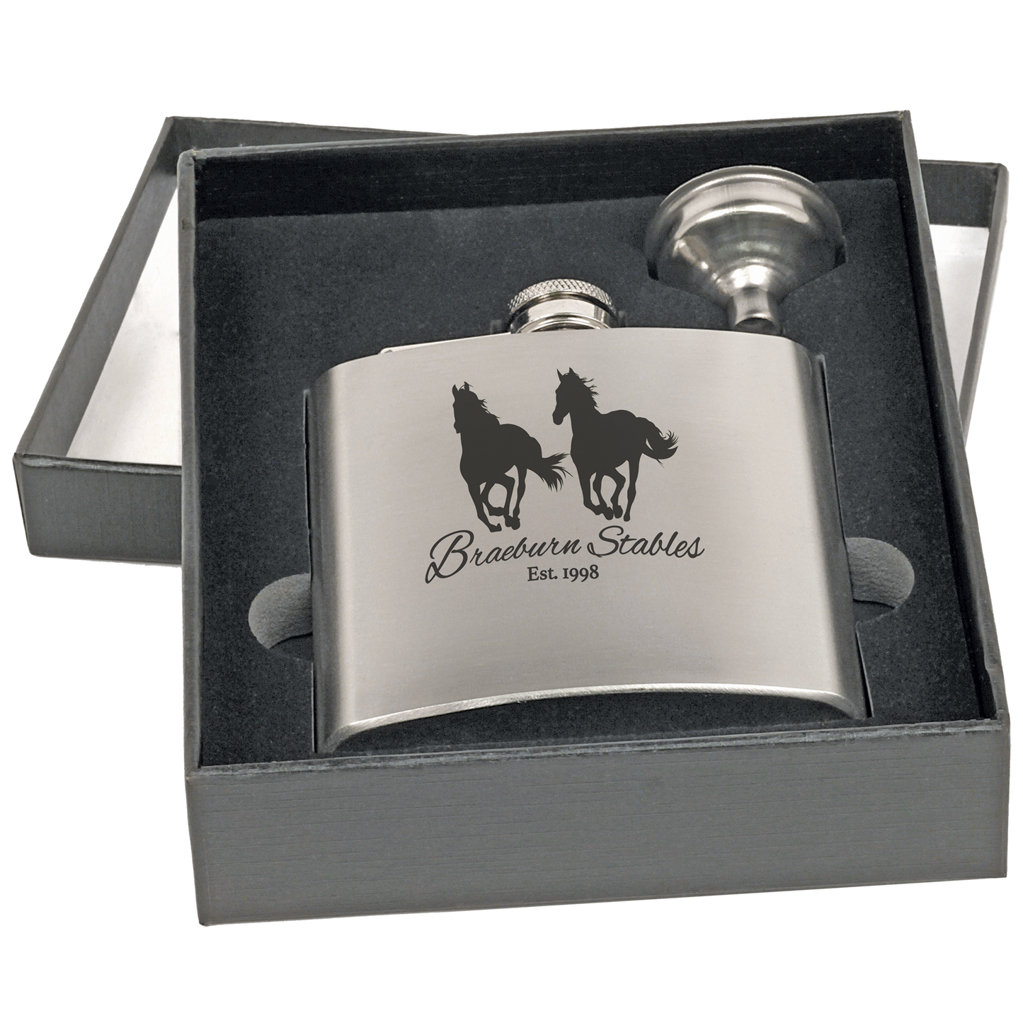 6 oz. Stainless Steel Flask Set in Black Presentation Box